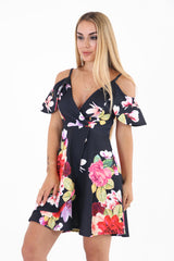 Cold Shoulder Wrap Over Floral Skater Dress