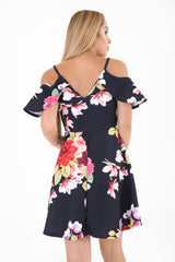 Cold Shoulder Wrap Over Floral Skater Dress