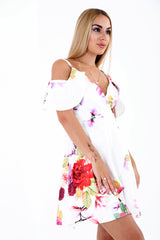 Cold Shoulder Wrap Over Floral Skater Dress