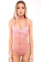 Choker nek strappy bloemen kanten bodysuit
