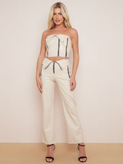 Faux lederen brede been broek met zip -details