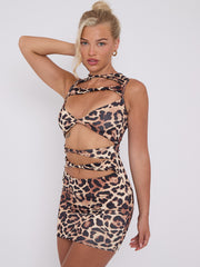 Leopard Print Cut Away Twist Front Bodycon Dress