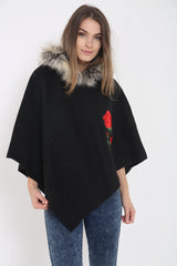 Floral Embroidered Faux Fur Hooded Poncho