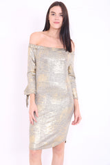 Metallic Foil Tie Knot Sleeve Bardot Dress