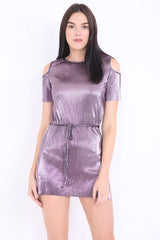 Cold Shoulder Pleated Metallic Tunic Dress Top
