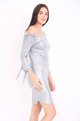 Metallic Foil Tie Knot Sleeve Bardot Dress