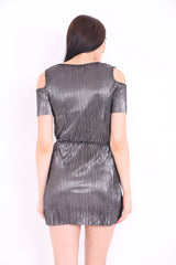 Cold Shoulder Pleated Metallic Tunic Dress Top