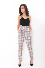 Floral Check Paper Bag Tie Waist Trousers
