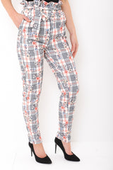 Floral Check Paper Bag Tie Waist Trousers
