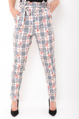 Floral Check Paper Bag Tie Waist Trousers