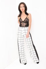 Wide Leg Grid Check Panel Trousers