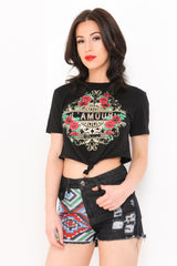 Floral L'AMOUR Slogan Glitter Crop Top