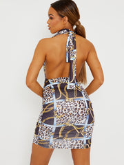 Vestido Ruched Ruched de halter impresa en cadena de leopardo