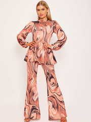 Marble Print Peplum Top & Flared Trouser Co-ord
