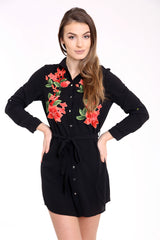 Botanic Red Floral Embroidered Shirt Dress