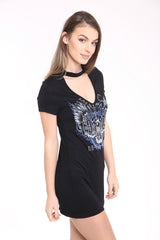 Choker Neck Devil Rider Printed Longline T Shirt Dress