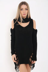 Cold Shoulder Choker Neck Ripped Ladder Distress Knitted Jumper