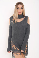 Cold Shoulder Choker Neck Ripped Ladder Distress Knitted Jumper