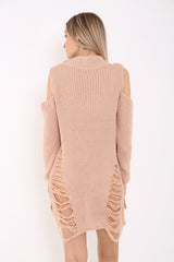 Cold Shoulder Choker Neck Ripped Ladder Distress Knitted Jumper
