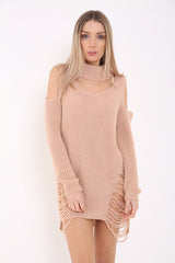Cold Shoulder Choker Neck Ripped Ladder Distress Knitted Jumper