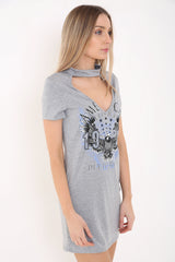 Choker Neck Devil Rider Printed Longline T Shirt Dress