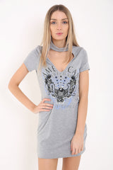 Choker Neck Devil Rider Printed Longline T Shirt Dress