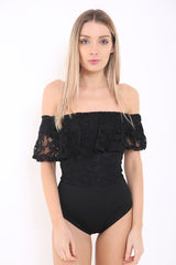 Bloemen kanten franje gevoerde bardot bodysuit