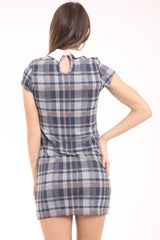Collared Woven Knit Checked Shift Dress