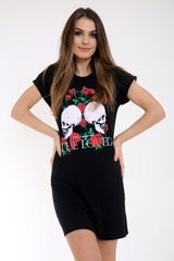 Schädel und Rosendruck Longline T -Shirt -Kleid