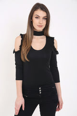 Choker nek franje koude schouderbodysuit
