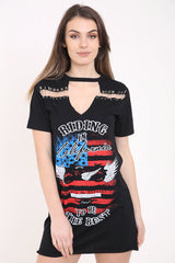 Sicherheitsnadel Choker Hals Kalifornien gedruckt Longline T -Shirt -Kleid