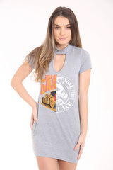 Choker Neck Car Skull Doppeldruck langes Longline T -Shirt -Kleid