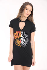 Choker Neck Car Skull Doppeldruck langes Longline T -Shirt -Kleid