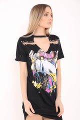 Pon de seguridad Garda de gargantilla Neck Eagle Estampado Longline T Shirt Vestido