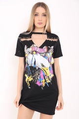 Pon de seguridad Garda de gargantilla Neck Eagle Estampado Longline T Shirt Vestido