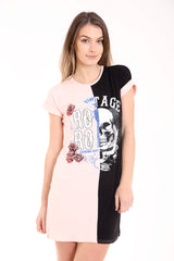 Kontrast Vintage -Schädel bedruckt Longline T -Shirt -Kleid