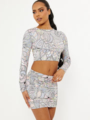 Printed Slinky Crop Top & Ruched Skirt Co-ord
