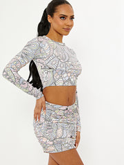 Printed Slinky Crop Top & Ruched Skirt Co-ord