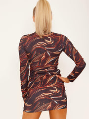 Marble Print High Neck Ribbed Ruched Bodycon Dress