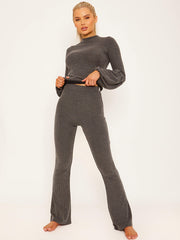 Balloon Sleeve Ribbed Top & Flared Trouser Co-ord