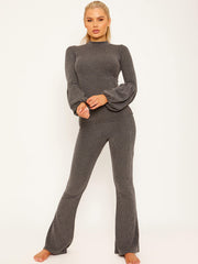 Balloon Sleeve Ribbed Top & Flared Trouser Co-ord