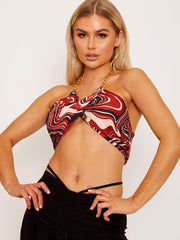 Marble Print Wrap Front Gold Chain Halter Crop Top