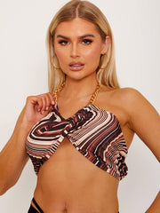 Marble Print Wrap Front Gold Chain Halter Crop Top