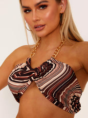 Marble Print Wrap Front Gold Chain Halter Crop Top