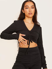 Ribbed Ruched Crop Top & Flared Trouser Co-ord