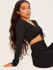 Ribbed Ruched Crop Top & Flared Trouser Co-ord