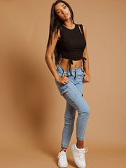 Cut Out Shoulder Ribbed Ruched Crop Top