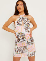 Vestido Ruched Ruched de halter impresa en cadena de leopardo
