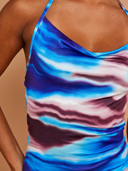 Mármol de estampado Ruchada Halter Slinky Vestido