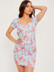 Plunge Neck Ribbed Floral Dress